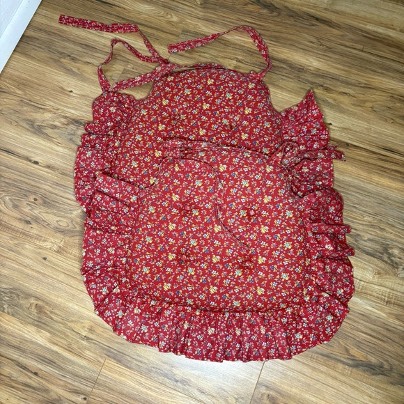 Other - TWO Vintage Ruffled Pillowed Seat Covers Kitschy Quilted Square Red Floral Ties